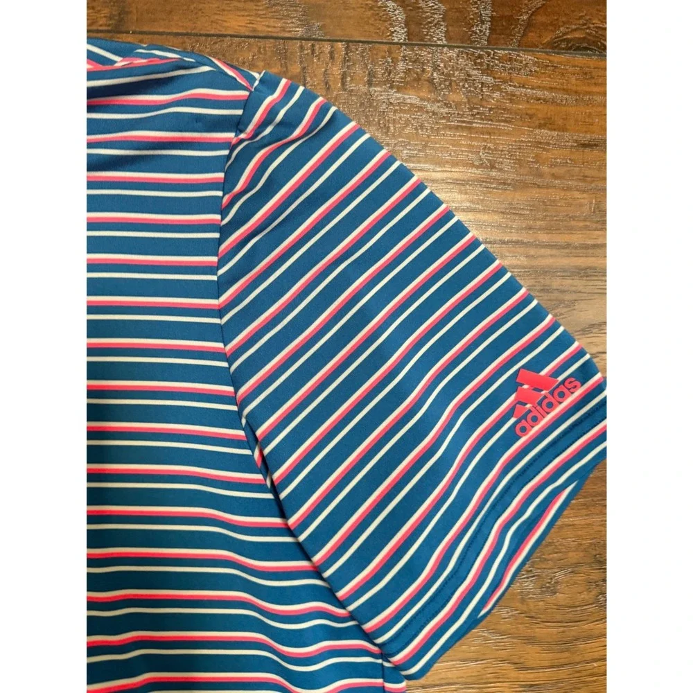 Adidas Golf Mens Teal Blue Pink Striped Short Sleeve‎ Polo Shirt Golfer Logo XL